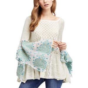 Free People Pointelle Breeze Top Lightweight Open Knit Fairycore Ivory Blue XS
